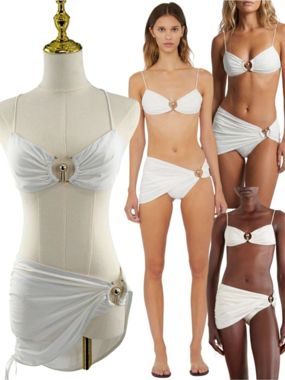 🆕 CHRISTOPHER ESBER 🧿 NWOT Ruched Orbit Bikini, Top&Skirt Brief, White - Sz 6